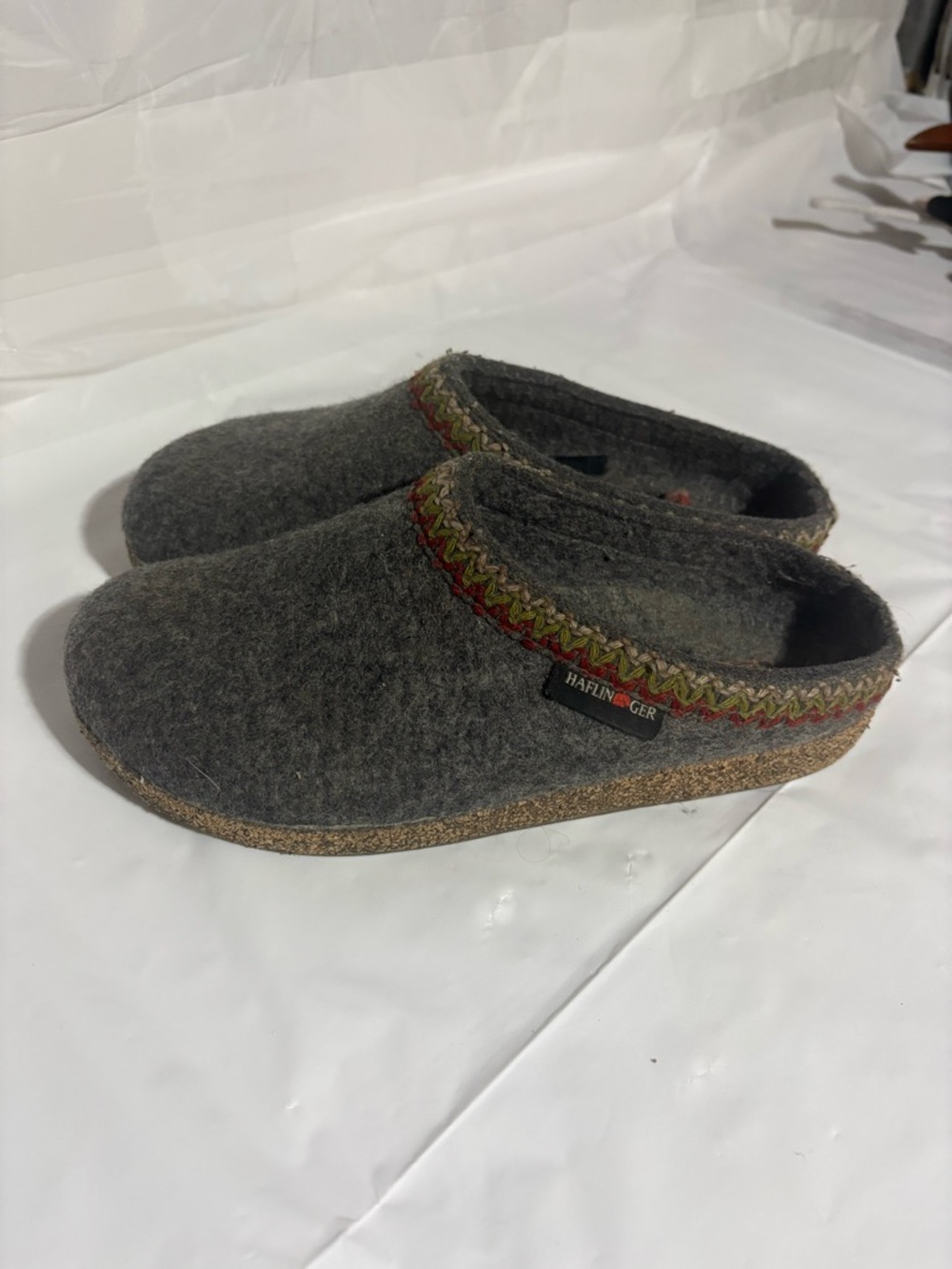 Haflinger Gray Felt Slip-On Clogs with Red and Green Trim